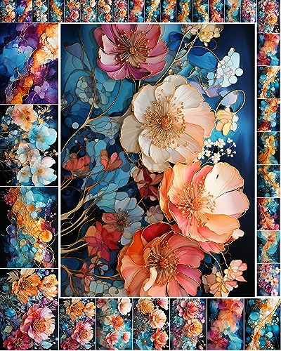 Decoupage Paper Pack (35 Sheets 6"x8") Amazing Paintings of Beautiful Flowers Outlined in Gold FLONZ Vintage Illustration Pictures Cards for Decoupage, Craft and Scrapbooking