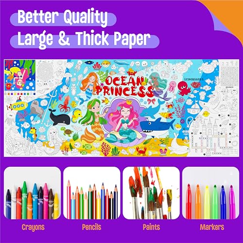 Image of Mermaid World Coloring Poster, Large Coloring Activity Paper 75 inch x 31 inch Jumbo Size Ocean-themed Paper DIY Painting Drawing Banner /Tablecloth for School, Wall Decor