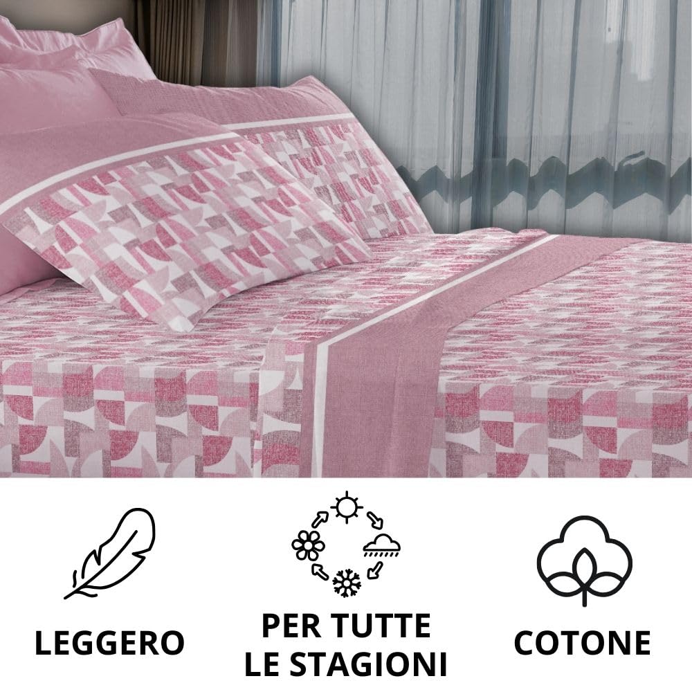 MAXIME MAISON - Completo Lenzuola Una Piazza e Mezza Cotone Stampate, Set Lenzuola 1 Piazza e Mezza con Federa, Lenzuolo in Cotone Anallergico, Biancheria da Letto Made in Italy (Dream Cipria)