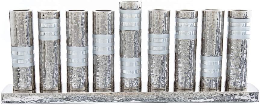 Yair Emanuel Hammered Hannukah Menorah Aluminium Nickel Hammerwork Silver Colored Rings (HMV-3) Judaica