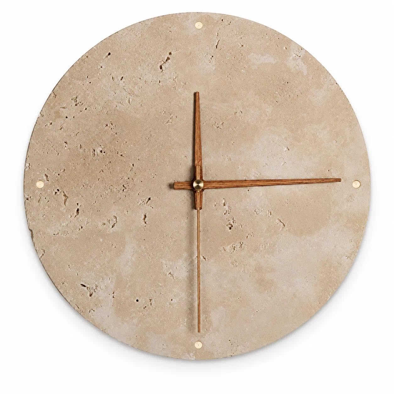 ITOSUI Travertine Wall Sconce with Clock, Yellow Natural Stone Round LED Lamp Hardwired Modern Nordic Light Fixture for Bedroom Living Room Hallway Hotel(23CM)