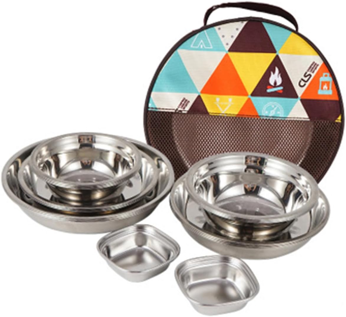 Portable Stainless Steel Camping Tableware with Picnic Plates Bowls and Utensils Lightweight Corrosion-resistant Dinnerware for Outdoor Hiking Backpacking and Bbq Use