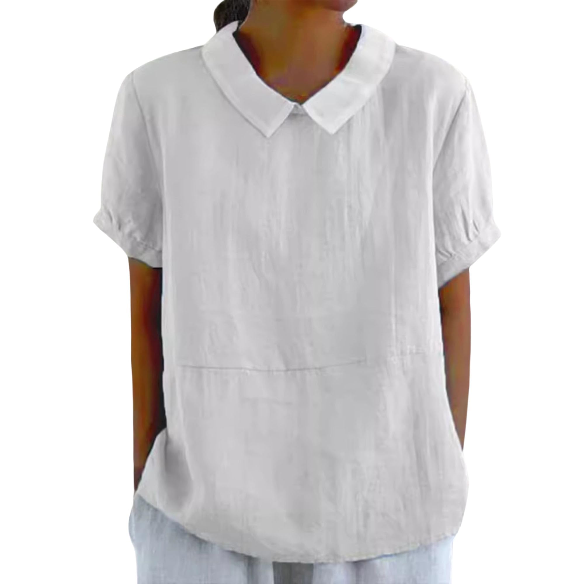 Women Summer Tops 2025 Cotton Linen Shirts Cute Summer Short Sleeve Shirts Casual Collared Blouse Tunic