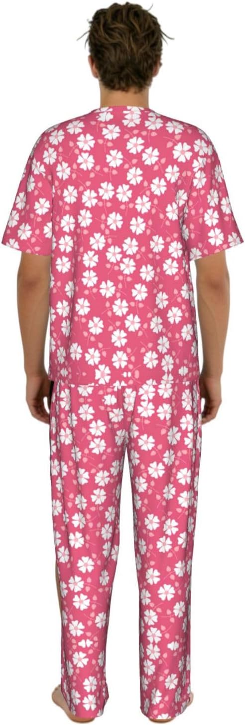 Men'S 2 Piece Loungewear Pajama Set Flowers Texture Pink Print Short Sleeve Tee Top And Pants Set S-3xl
