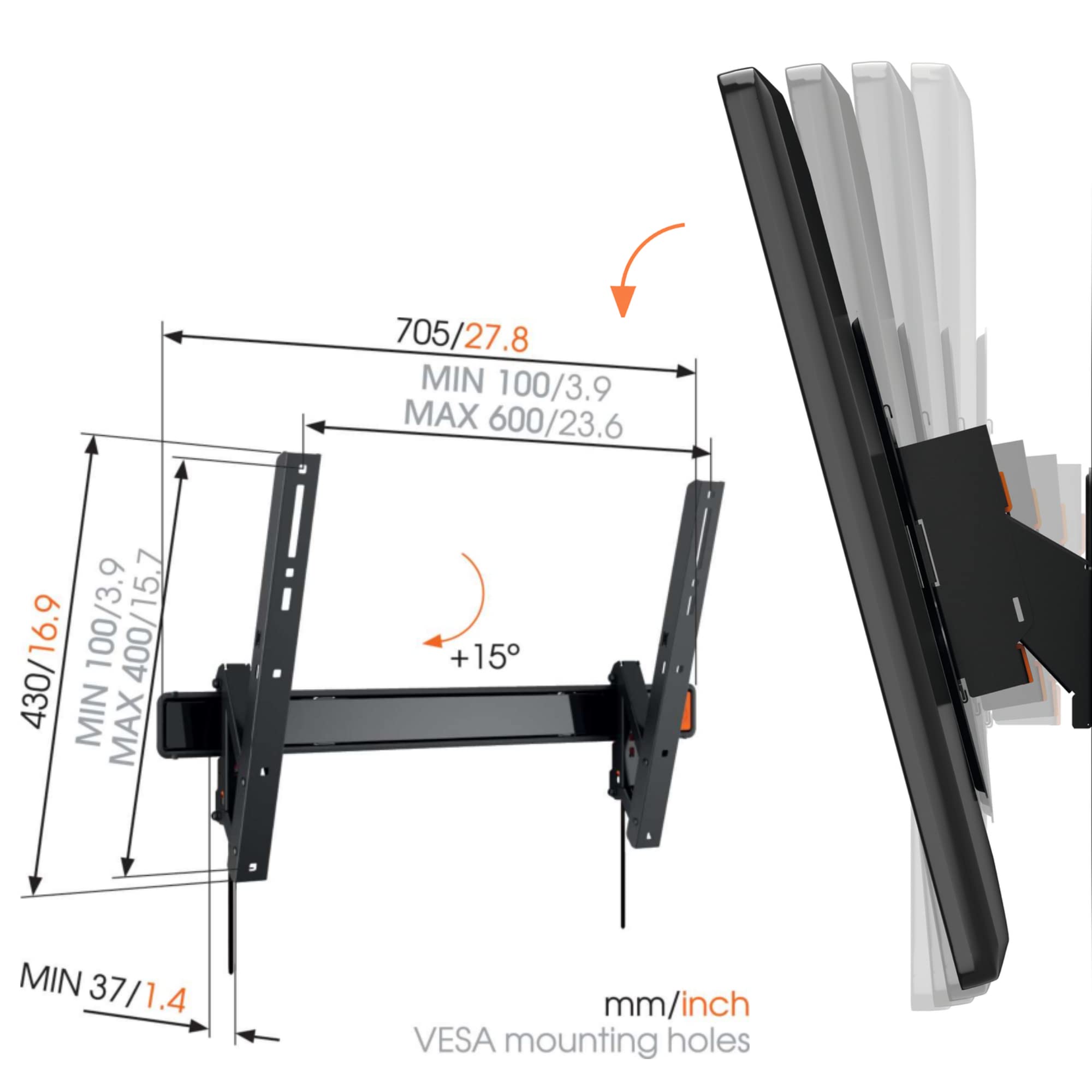 Support Mural TV Inclinable Et Orientable Vogel's WALL 2125 – Pour écrans 19 à 43 Pouces, Max 15 Kg, VESA 200x200 – Blanc