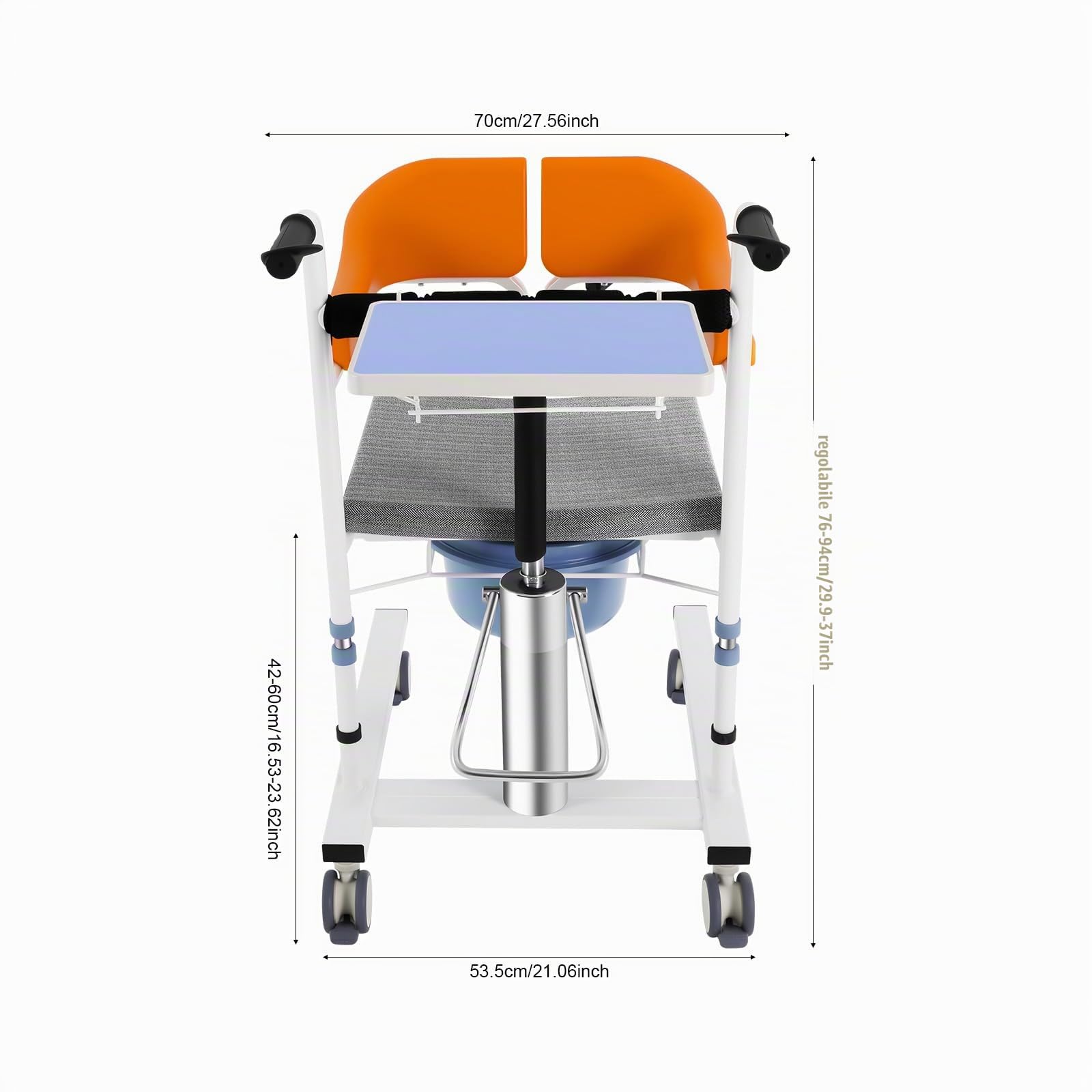 Sedia di trasferimento idraulica per pazienti - Regolabile in altezza con piano del tavolo - Rulette bloccabili e sedile diviso a 180° - Sedia da doccia per anziani e disabili