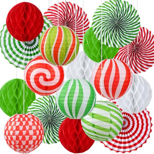 Image of Retisee 18 Pcs Christmas Hanging Paper Lanterns Party Decorations Candy Canes Peppermint Paper Fans Xmas Hanging Honeycomb Ball Lanterns Ornaments for Christmas Winter Party Holiday Ceilings Decor