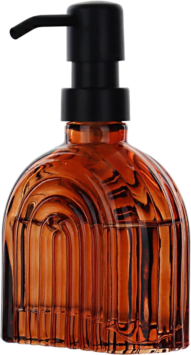 Glass Soap Dispenser for Kitchen and Bathroom Contertop Wash Hand Liquid, Dish Detergent, Farmhouse Style Shampoo Lotion Pump (1, Brown Glass with Black, 4" x 2"x 6-5/8")