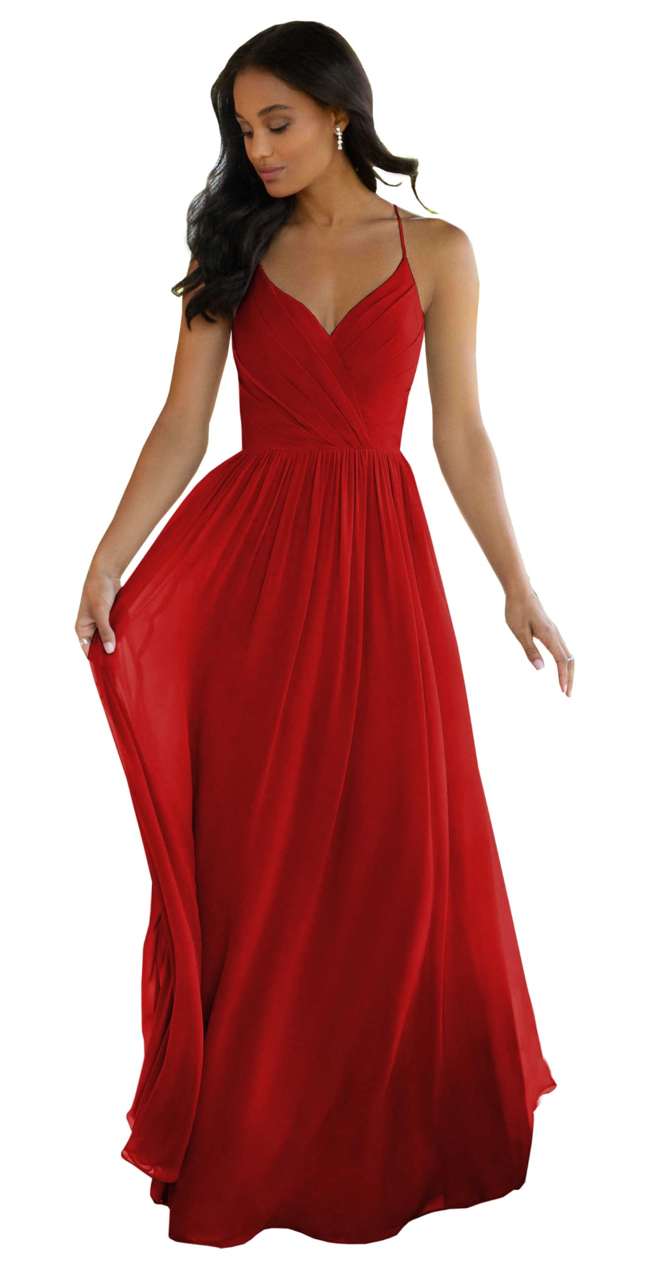 LANGKAAO Women's V Neck Bridesmaid Dresses Long for Wedding A-Line Chiffon Open Back Formal Gown with Pockets