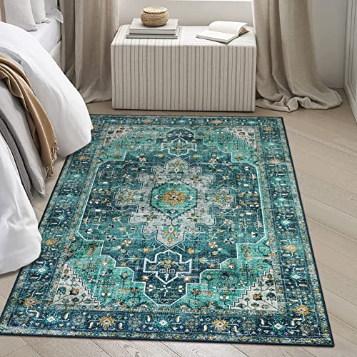 Moynesa Ultra-Thin Washable Area Rug - 4X6 Teal Living Room Rug Oriental Rugs For Bedroom, Non Slip Non Shedding Low Pile Entryway Carpet For Bedroom Dressing Room Office #TOP6