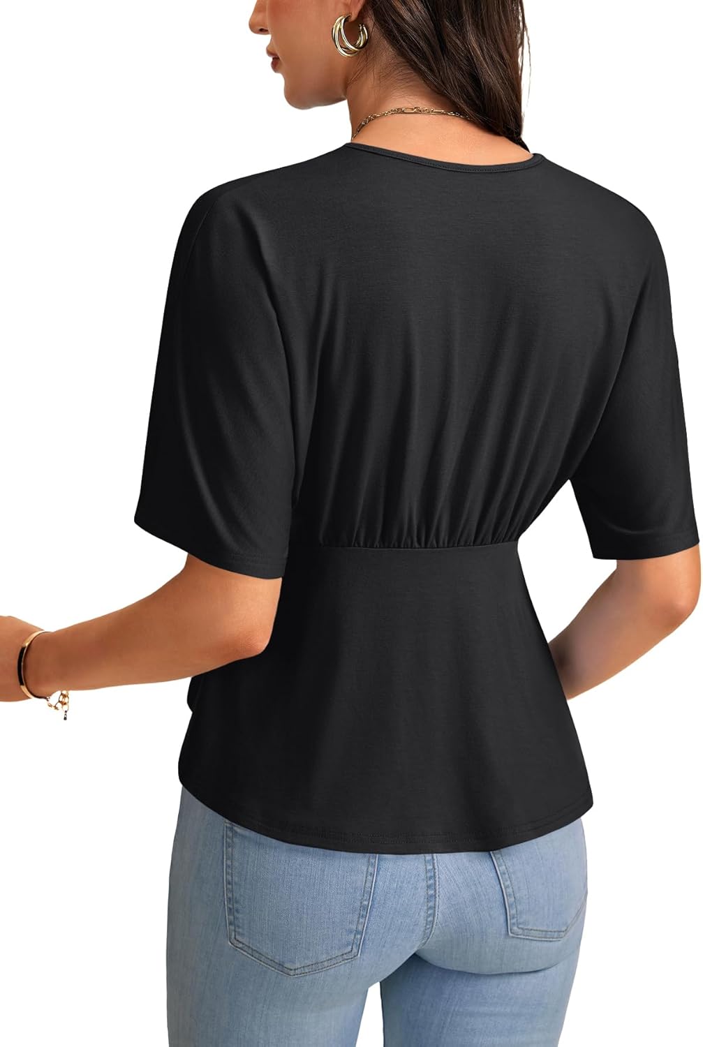 KIFOVEN Women's Ruffle V Neck Short Sleeve Ruched Dressy Casual Tunic Blouse Tops - Image 5