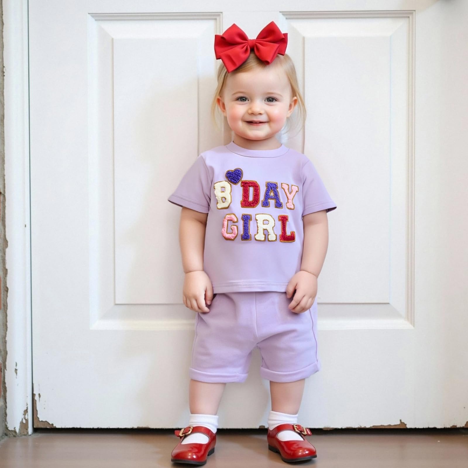 Gaono Toddler Baby Girl Birthday Outfit Letter Embroidery Short Sleeves T-Shirt Shorts Set Birthday Party Girl Clothes (Purple, 12-18 Months)