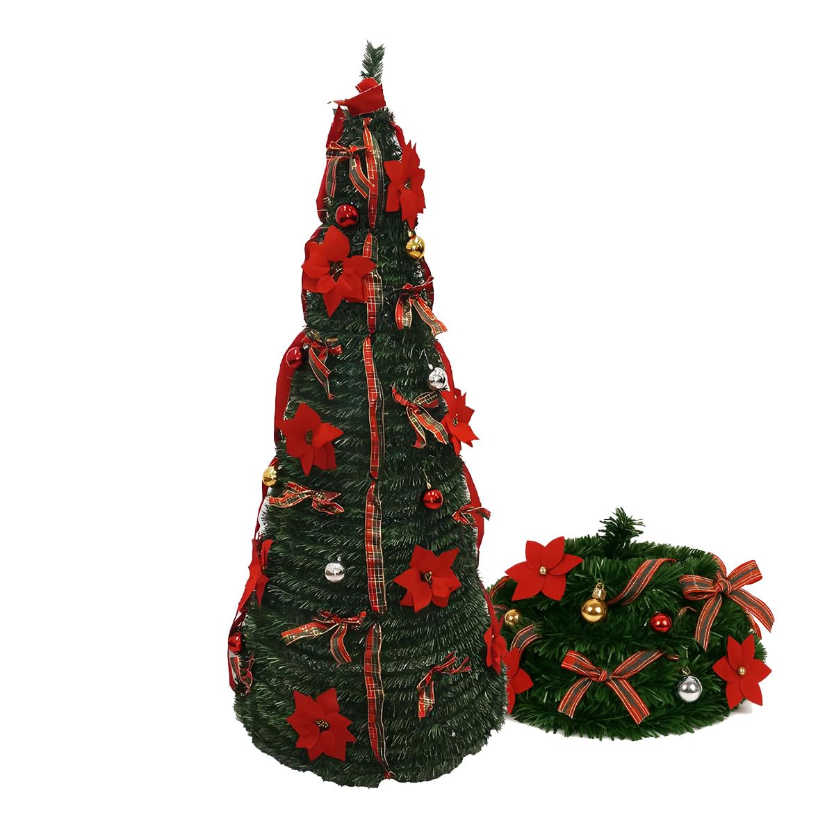 Árbol de Navidad PopUp - Desplegable, 150, 180 y 210 cm, Verde con Decoraciones, Plegable, Montaje Rápido, Uso Interior, Base Sólida (Verde con decoración, 150 cm)