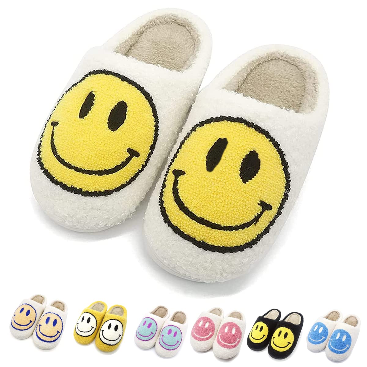 FUUPNNCute Smile Face Slippers, Fuupnn Retro Soft Plush Furry Fluffy Indoor Outdoor Shoes Comfy Warm Fleece Lined Fuzzy Slip-on Cloud sliders with Memory Foam Happy Face Slippers Couples Cute Cartoon Non