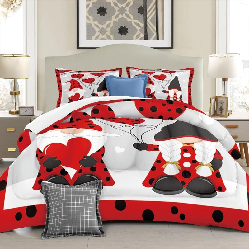 Valentine Comforter Set Red Hearts Quilt Bedding Set with 1 Comforter and 2 Pillow Covers for Bedroom Dormroom All Season King 104x90inches