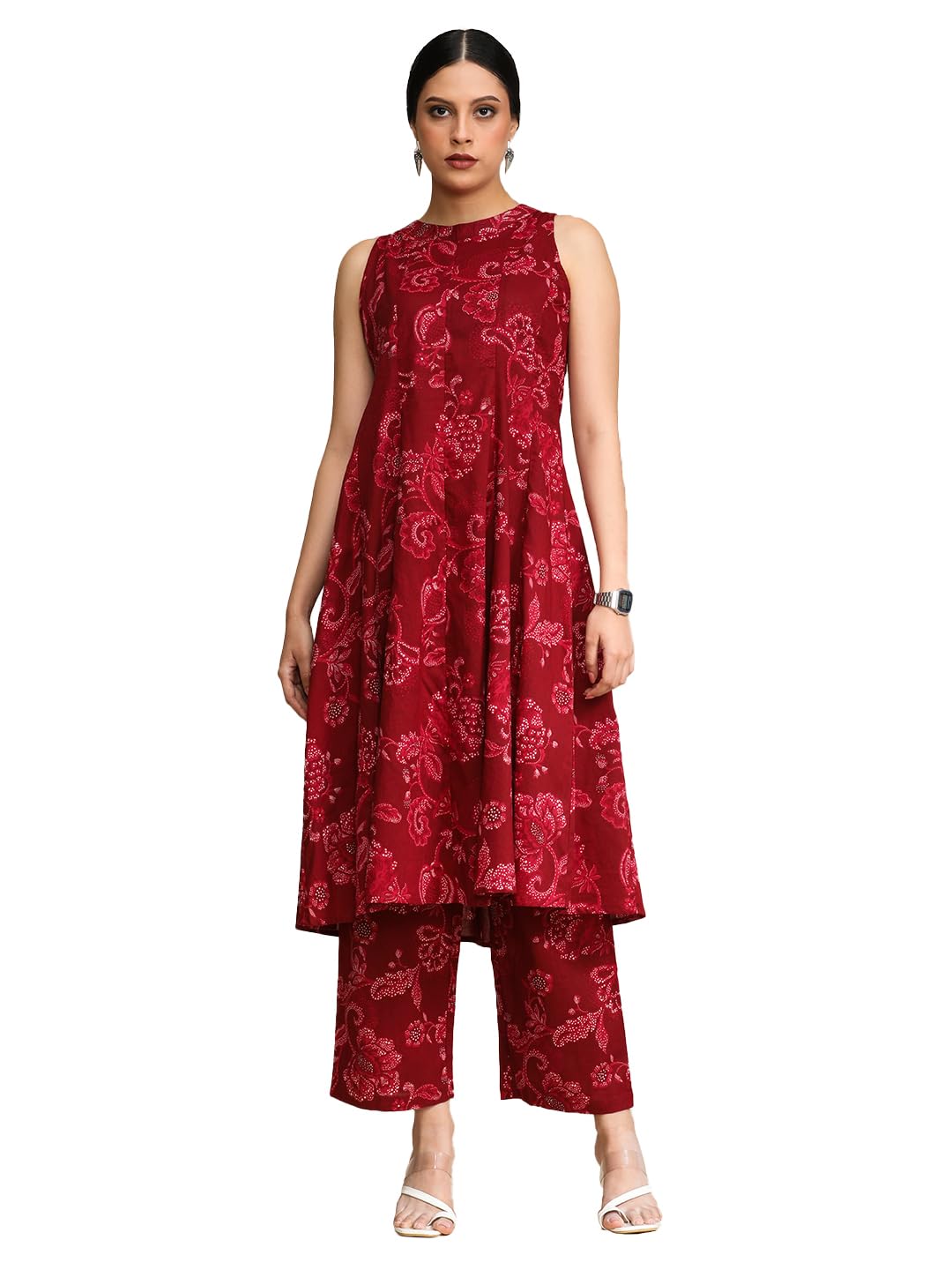 Varanga Floral Printed Halter Neck Anarkali Kurta With Trouser