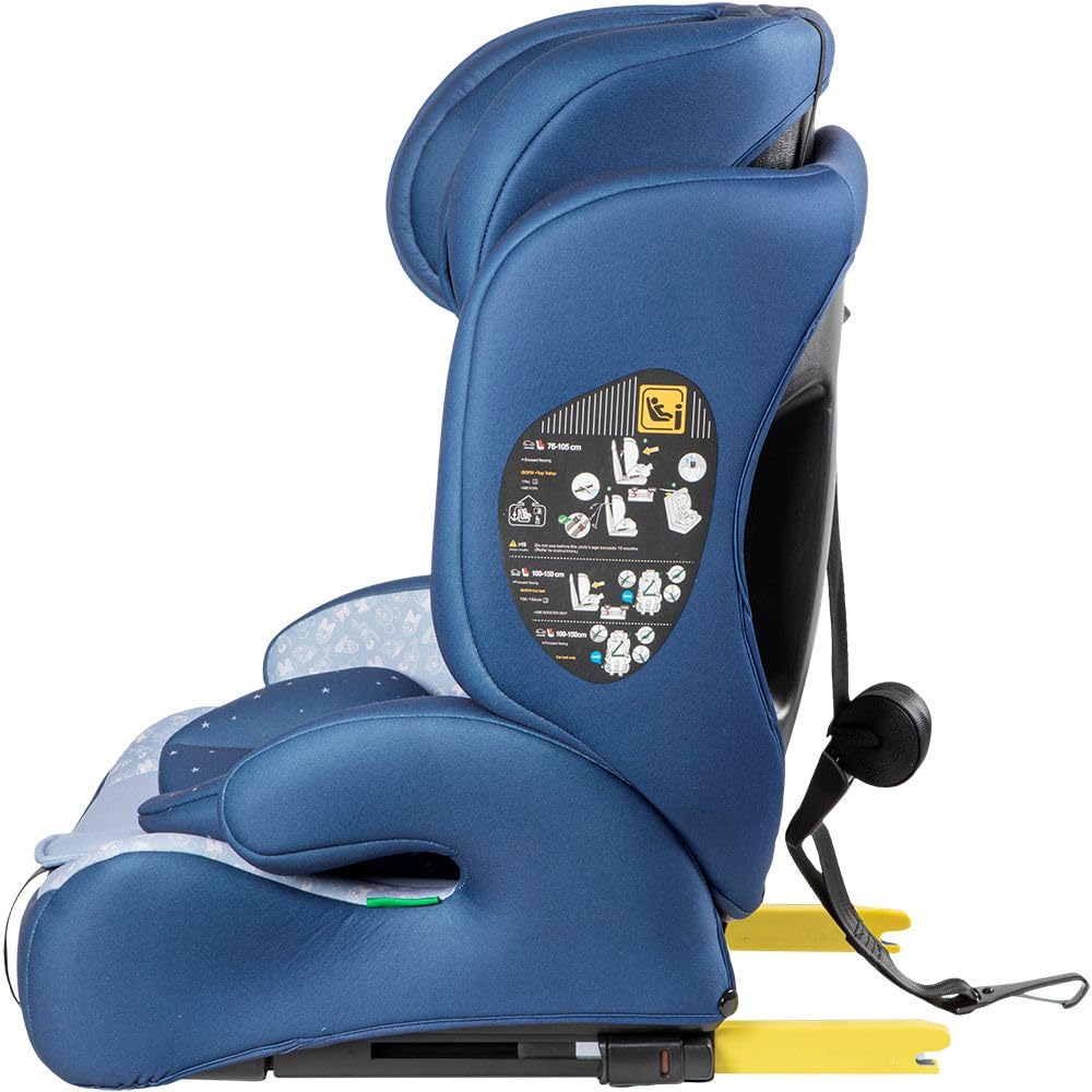 Disney Mickey Mouse Autositz Mit ISOFIX-Befestigung Für Kindersicherheit Mit Einer Körpergröße Von 76 Bis 150 Cm Mit Grafiken Von Mickey Mouse Und Seinen Freunden Auf Blauem Hintergrund