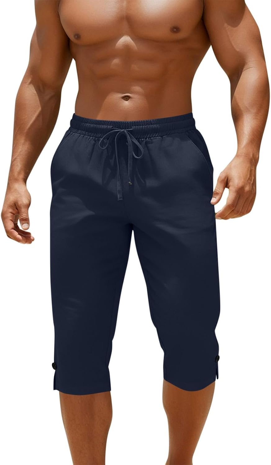 Men's Athletic Capri Joggers Cotton Linen Quick Dry Stretch Capris Workout Training Lightweight Gym Casual Cropped Pants