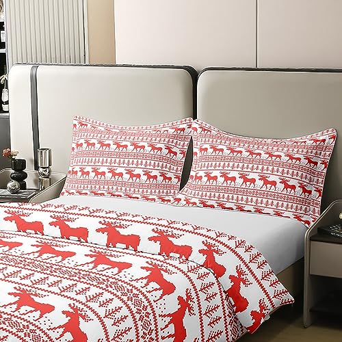 Homewish 100% Organic Cotton Christmas Bedding Set Super King,Rustic Deer Duvet Cover for Kids Teens Youth,Red Xmas Themed Comforter Cover,Boho Snowflake Elk Jungle Animal Bed Sets with 2 Pillowcases - Image 4
