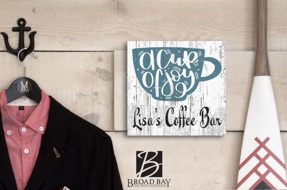 Coffee Bar Sign Personalized Kitchen Decor Coffee Lover Gift Idea SOLID WOOD - 10.5in x 10.5in (Blue)