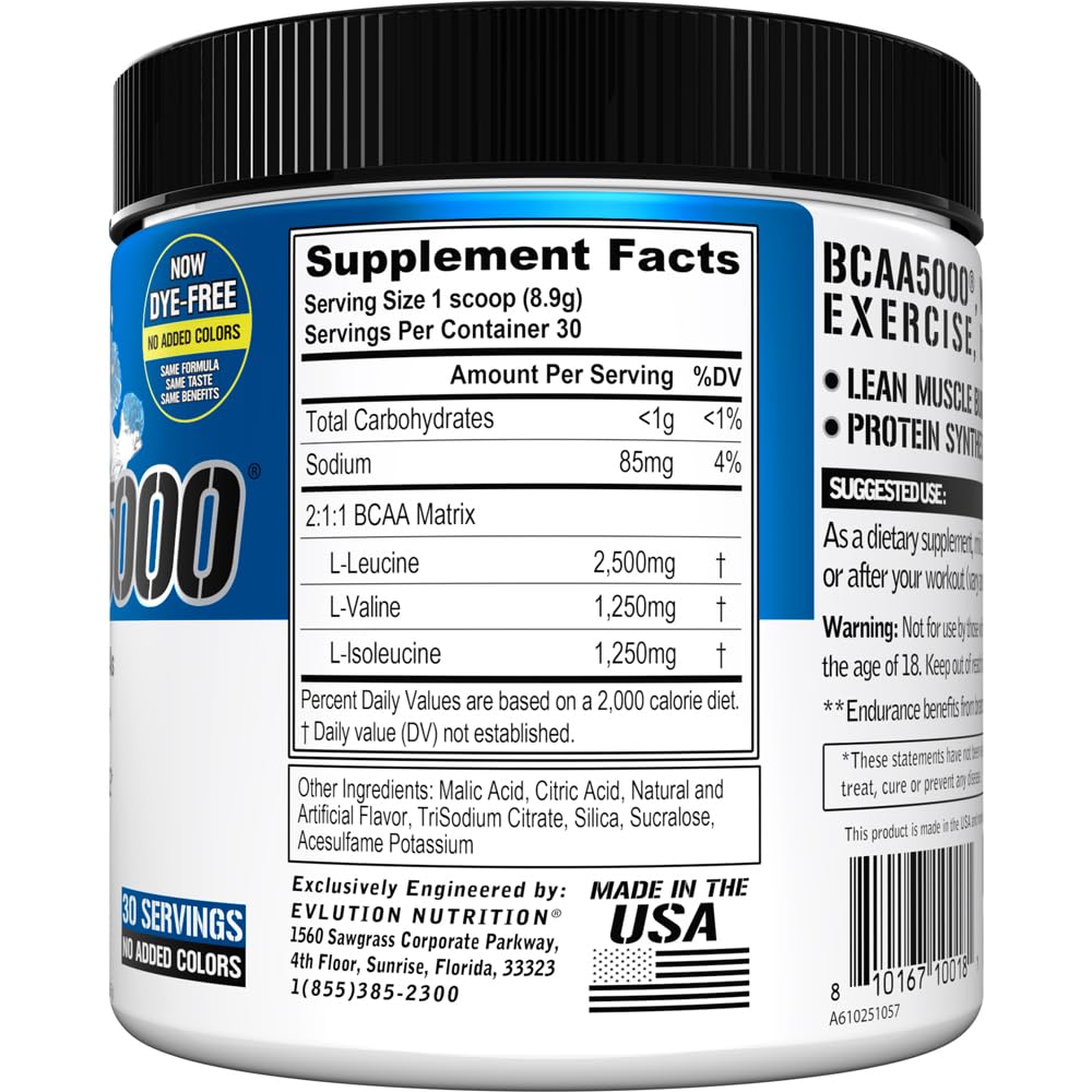 Evlution EVL BCAA5000 - Stim Free Amino Acids Powder - Blue Raz (Dye Free) — Amazon image 2