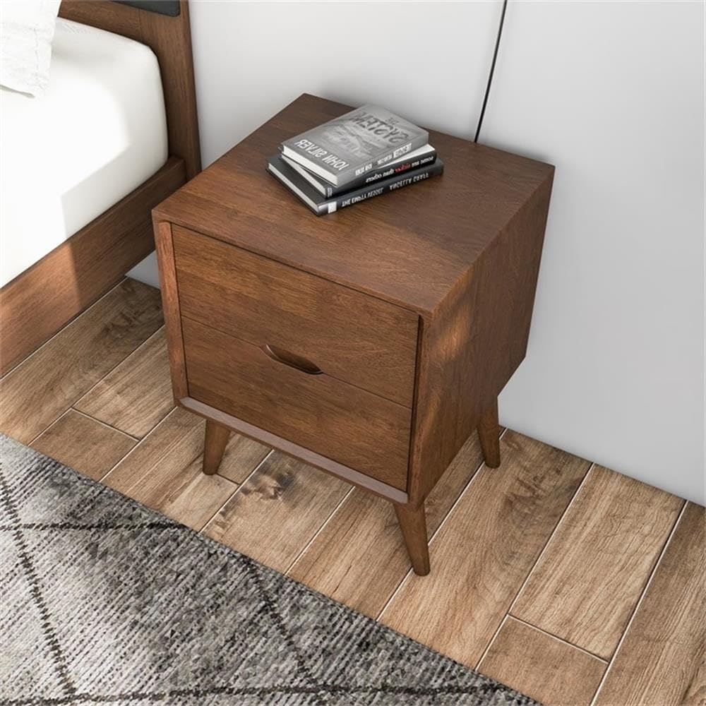 Pemberly Row Mid-Century Modern Nightstand, 2 Drawer, Solid Wood Frame, Walnut Brown Finish, 22.5 in x 17.5 in x 16 in, Durable Bedside Table, Compact Design for Bedroom or Living Room Use