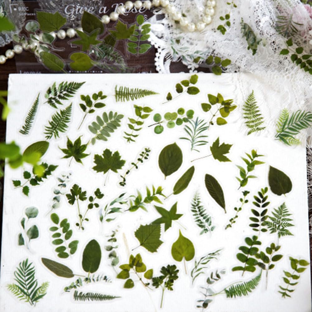 100 calcomanías pequeñas de hojas verdes, calcomanías transparentes para álbumes de recortes, botellas de agua, laptop, diario, collage, tarjetas, funda de teléfono, planificador de sobre,