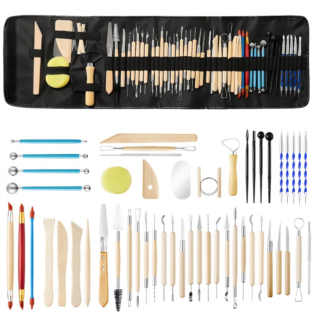 Negosu Pottery Clay Sculpting Tools 52 Piece Set with Carry Bag Modeling Kit