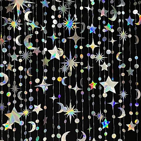Iridescent Star Moon Circle Dot Garland Party Decoration Kit Hanging Crescent and Twinkle Little Star Streamer Bunting Banner for Kids First Birthday Ramadan EID Mubarak Baby Shower Wedding Decor Cover