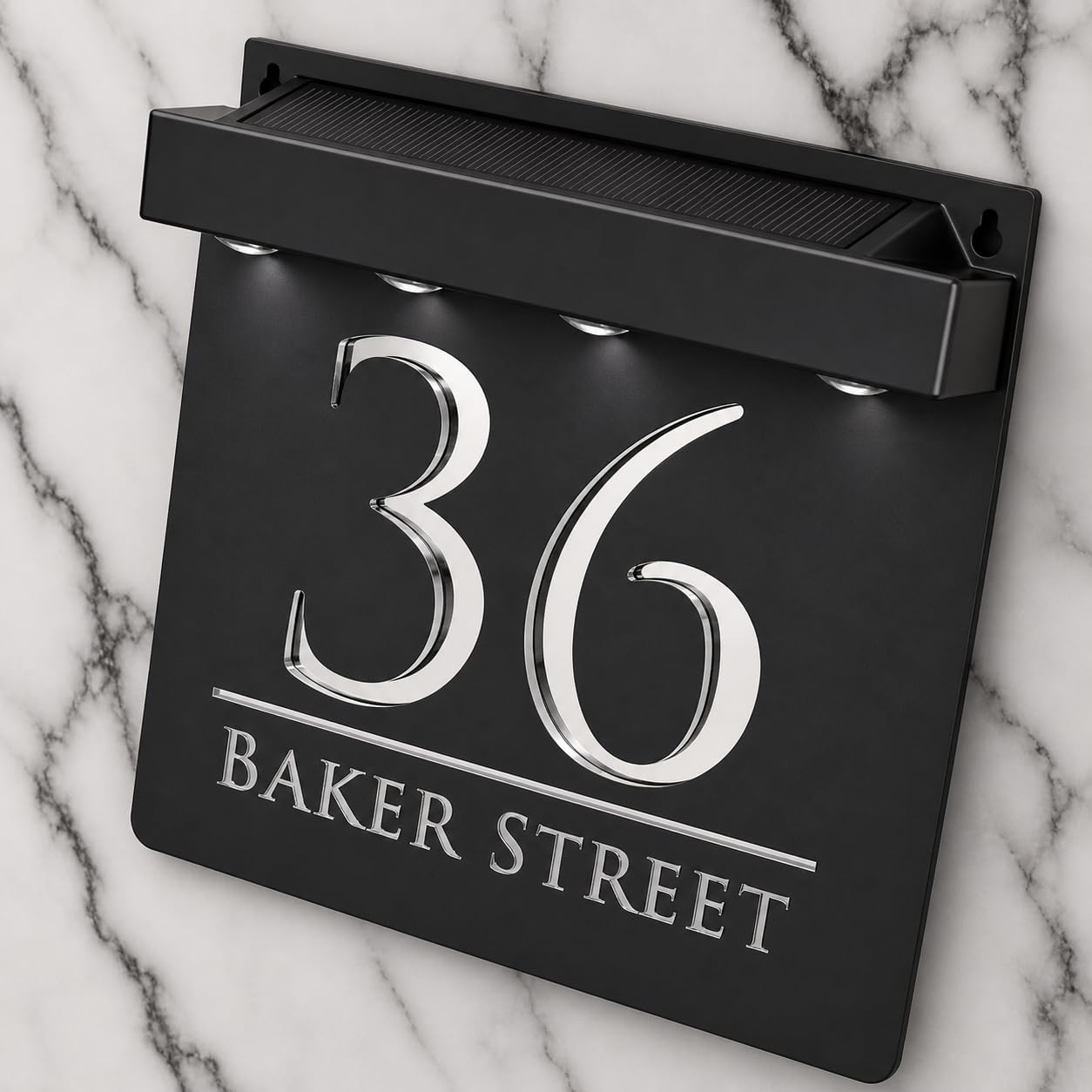 K Smart Sign | Bellissima S1 LED F32 | Square Solar Light House Signs Door Number Plaques With LED Personalised Name Address Sign For Wall With Classic Text (Matt Black & Silver Mirror)