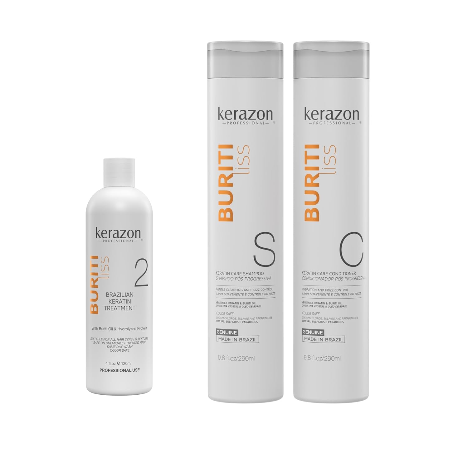 Kerazon Buriti Liss Keratin Treatment + Sulfate Free and Sodium Free Shampoo & Conditioner KIT