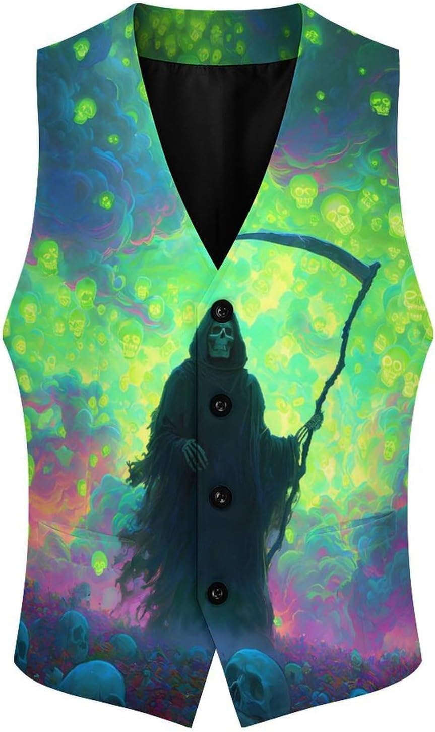 Grim Reaper Gothic Skeleton Skull Men's Suit Vest Formal Vests Casual Dress Fit Waistcoat Casual Tuxedo for Business