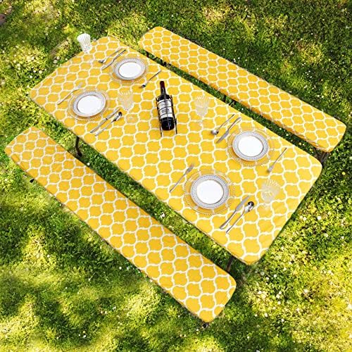 RANDLANTER 3 Piece Set Vinyl Fitted Picnic Table and Bench Seat Covers with Elastic Edges Indoor and Outdoor Dining Garden Tablecloth Set Long Chair Covers -Yellow Morocco 72x28”