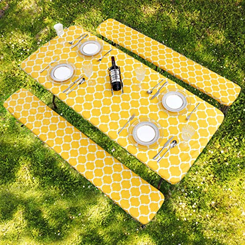 Randlanter 3 Piece Set Vinyl Fitted Picnic Table And Bench Seat Covers With Elastic Edges Indoor And Outdoor Dining Garden Tablecloth Set Long Chair Covers -Yellow Morocco 72X28” #TOP3