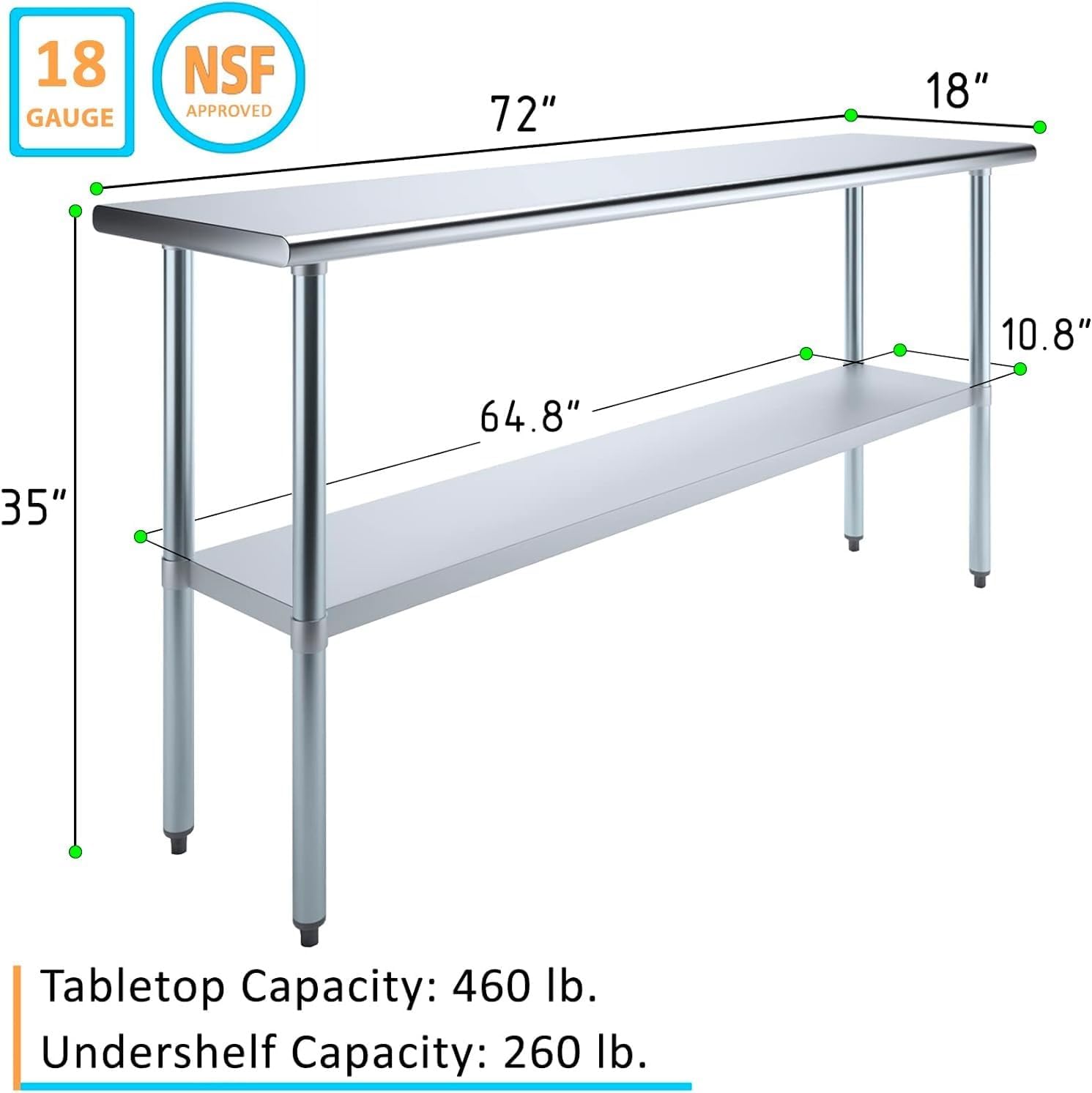 18" x 72" Stainless Steel Prep Table – NSF Certified Heavy Duty Work Table for Home & Commercial Use – Galvanized Undershelf & Legs