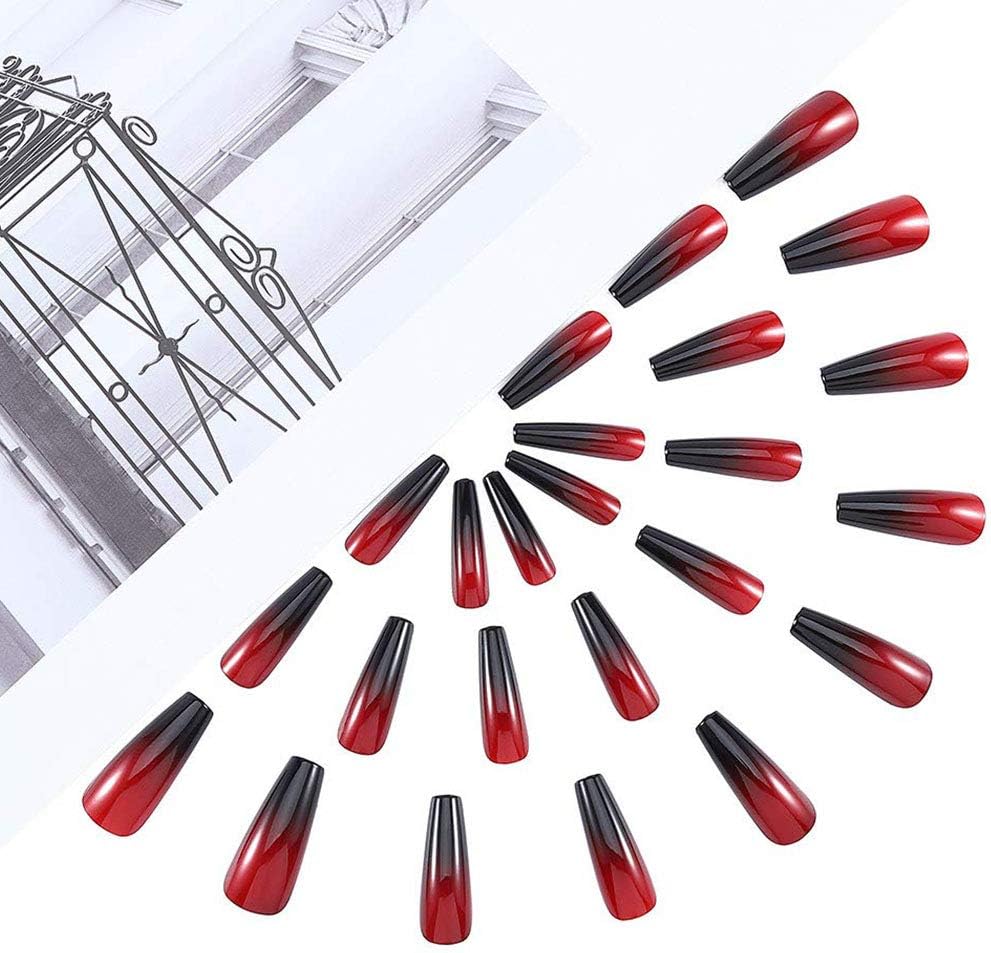 Handcess Coffin Glossy False Nails Long Black & Red Ballerina Press On Nails Gradient Acrylic Art Full Cover Fake Nails (24 Pcs) - Image 3