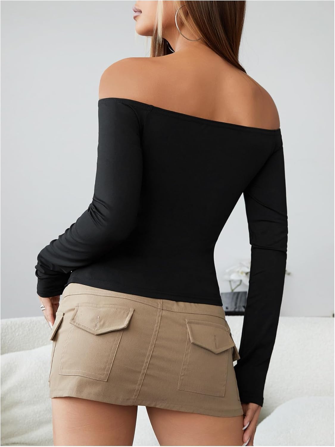 SHENHE Women's Sexy Cut Out Long Sleeve Top Off The Shoulder Twist Front Slim Fit Tee Shirt - Image 2