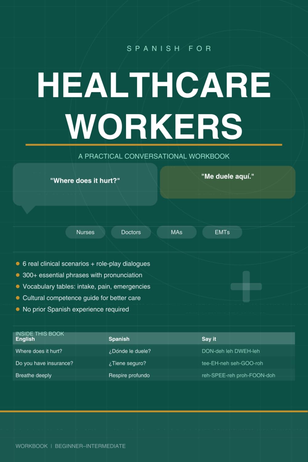 Spanish for Healthcare Workers: A Practical Conversational Workbook for Nurses, Doctors, Medical Assistants, and EMTs — 300+ Essential Phrases, Clinical Dialogues, and Pronunciation Guides