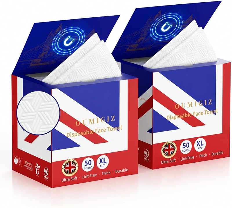 Toalhas faciais descartáveis Oumigiz XL para limpeza do rosto e remoção de maquiagem, pacote com 100 unidades