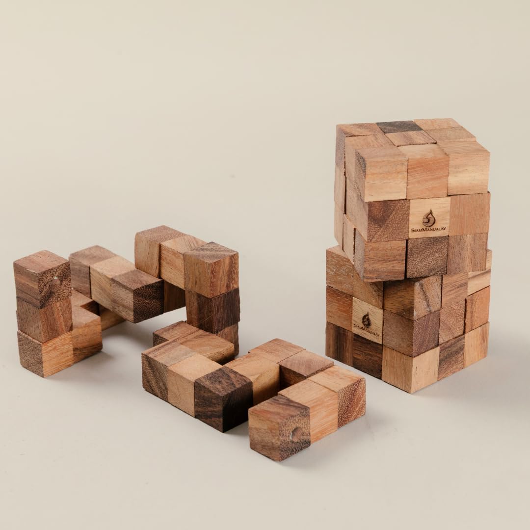 SiamMandalay Snake Cube Puzzle: Wooden 3D Brainteaser Puzzle for Adults STEM Skill Builder Interlocking Game, Educational Problem-Solving Game, Handmade Monkeypod Wood Desk Accent for Office