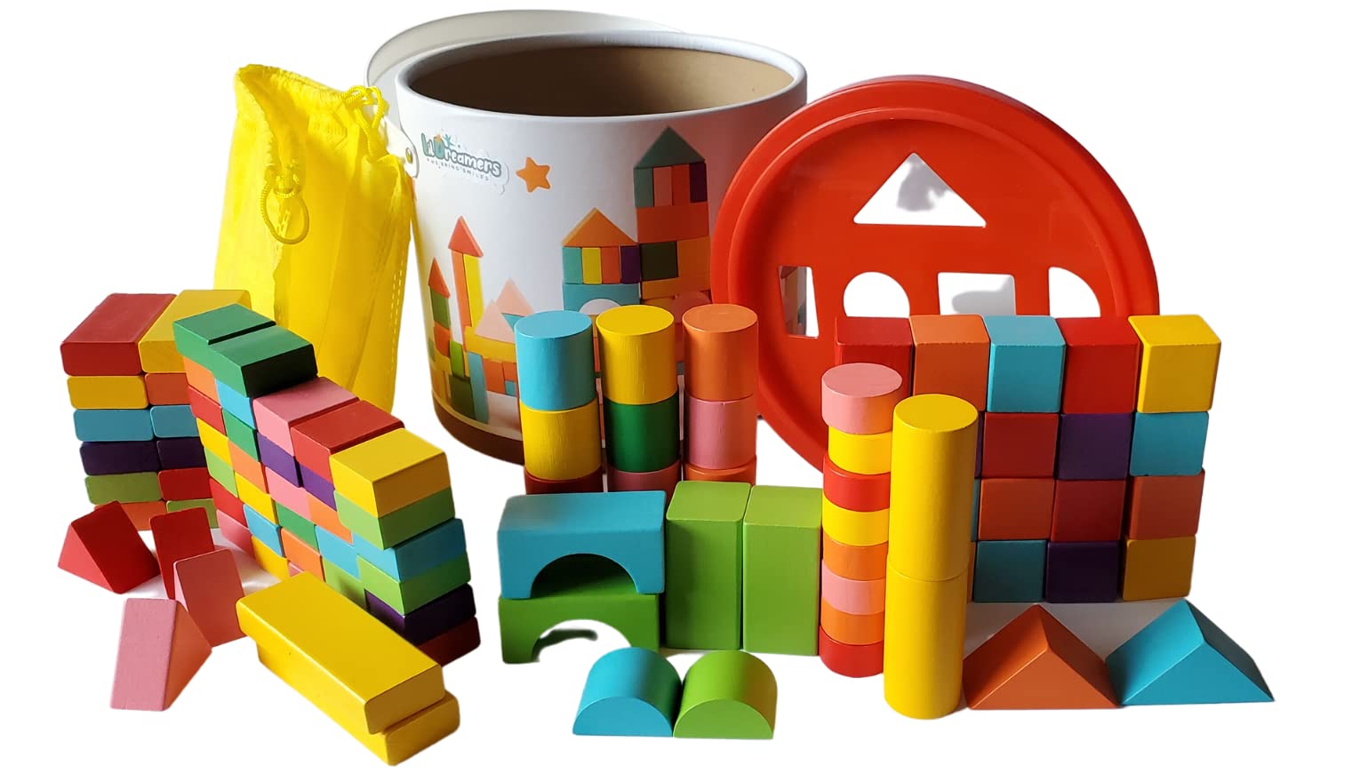 Lil Dreamers Wooden Blocks (100 pcs) with Storage Container and Cloth Bag- Education Learning Toys, Blocks for Toddlers 3-5, Montessori Toys, Imaginative and Creative Learning for Toddlers