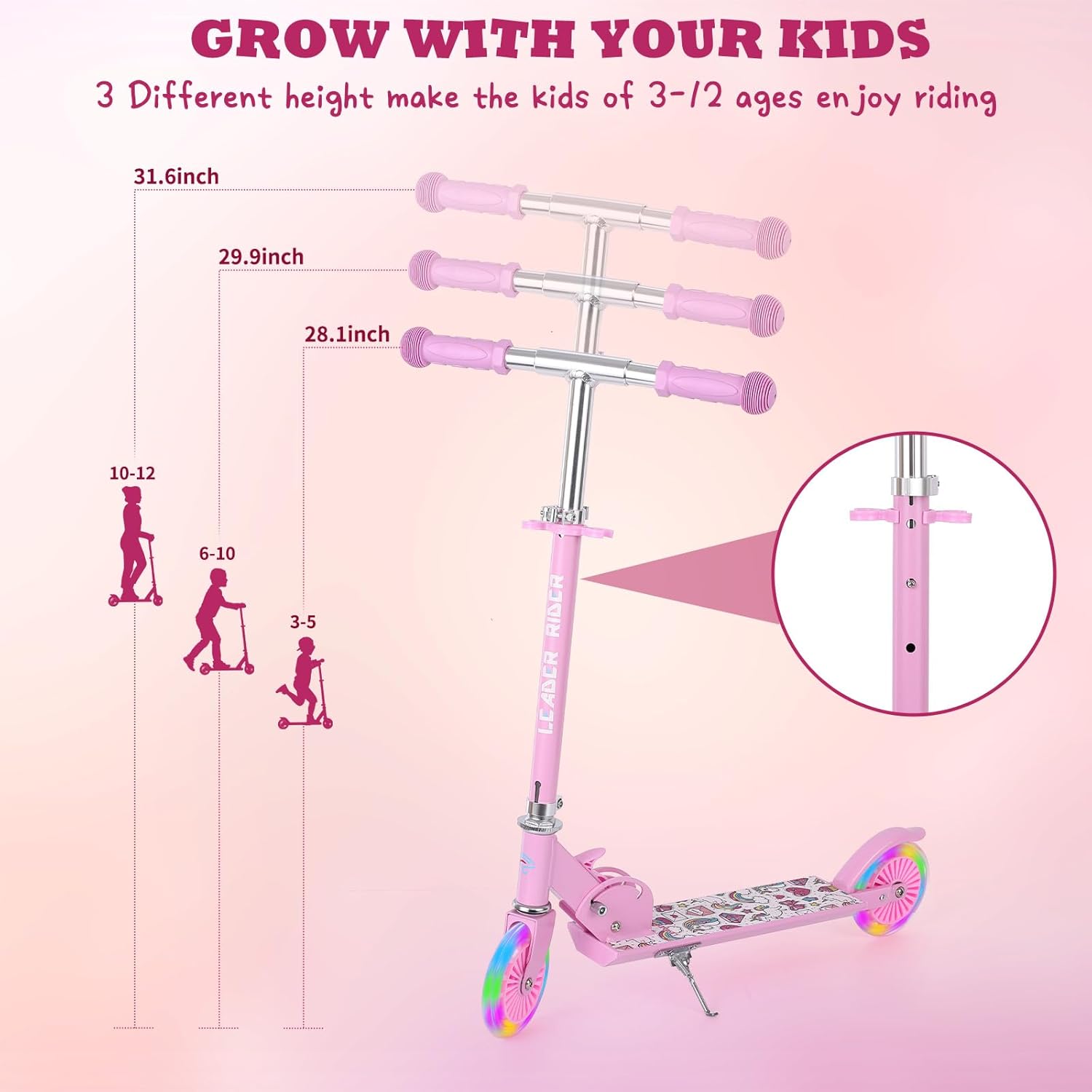 Kick Scooter - Collapsible Portable Kids Push Scooter - Lightweight Folding Design with High Visibility RGB Light Up LEDs on Wheels