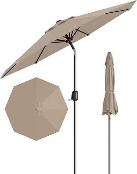 9FT Patio Umbrella Outdoor, Market Umbrella, Table Umbrella with Push Button Tilt and Crank, 8 Sturdy Ribs UV Protection Waterproof for Garden, Pool, Deck, Backyard Tan
