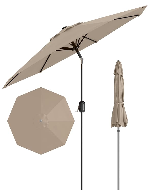 GarveeLife 9FT Outdoor Patio Umbrella, Outdoor Table Umbrella, Market Umbrella With Push Button Tilt and Crank, 8 Sturdy Ribs UV Protection Waterproof for Garden, Deck, Backyard, Pool, Tan by GarveeLife - Used condition - US$46.53