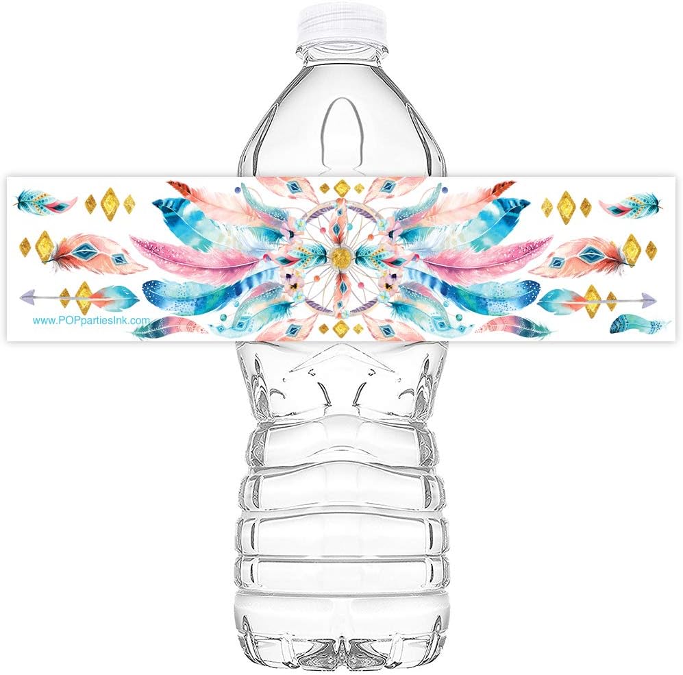 Ink Boho Party Bottle Labels - 20 Boo Water Bottle Labels - Dreamcatcher Party Decorations - Boho Party Supplies - Wild One Party Decorations - Made in The USA - Bottle