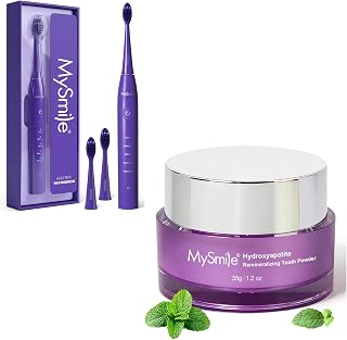 MySmile Sonic Electric Toothbrush DY156 Purple with Nano Hydroxyapatite Teeth Whitening Powder, Rechargeable Sonic Toothbrush 5 Modes 45000VPM, 3 Brush Heads, 60 Days Battery, 35G Fluoride-Free