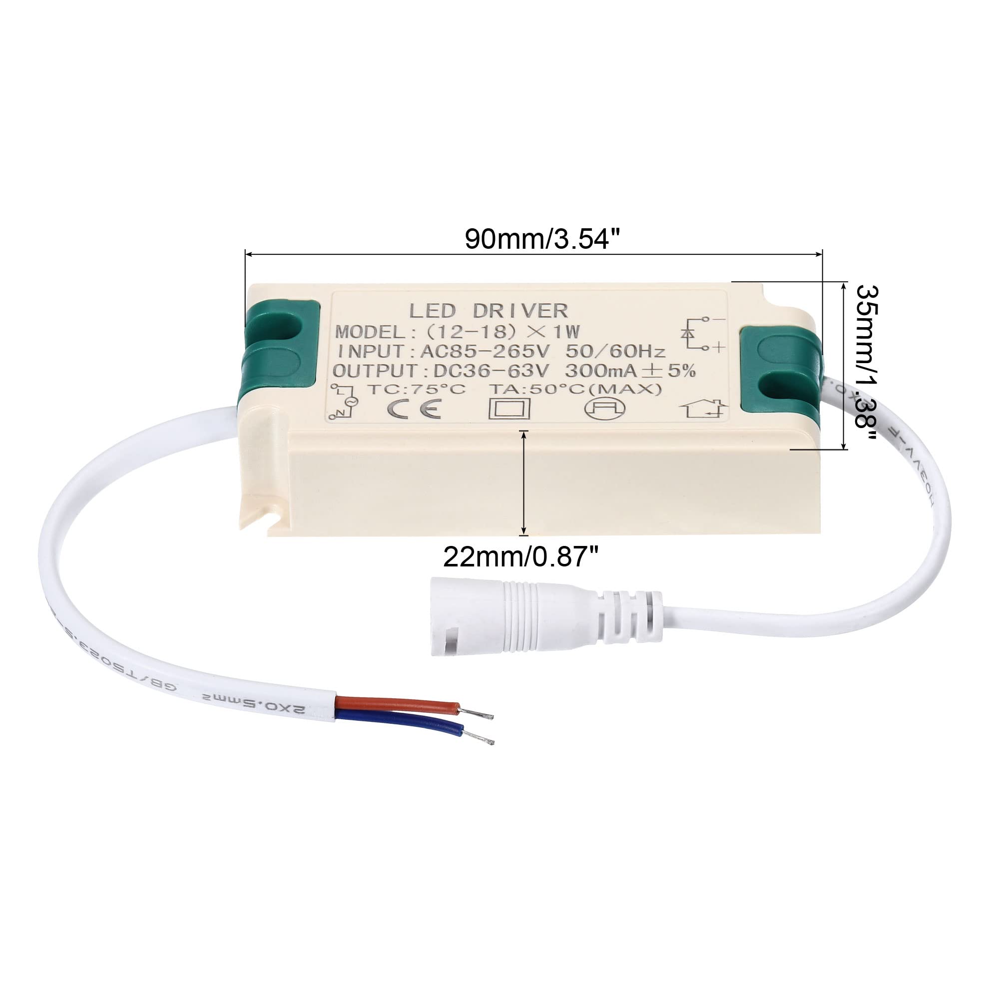 2-Pack LED Driver – 12-18W, 300mA Constant Current, AC 85-265V, With DC Male Cable & CH-2 Connector