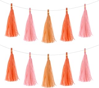 sourcing map 15 guirnaldas de borlas de color rosa claro, naranja brillante, naranja oscuro con cuerda, borlas de papel de seda, kits de bricolaje para aniversario, boda, fiesta de cumpleaños