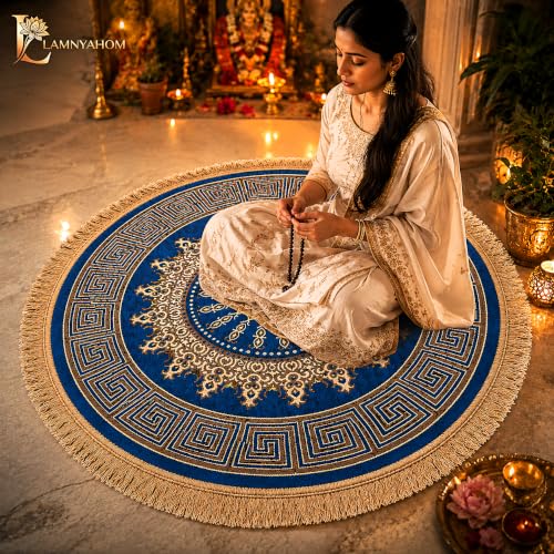 Image of Premium Prayer Mat /Aasan for Home Temple & Meditation | Soft Velvet Touch Cushioned Pooja Mat with Tassels | Washable Floor Rug for Mandir, Yoga, Sitting Mat | 20 x 20 Inch (FEROGI)