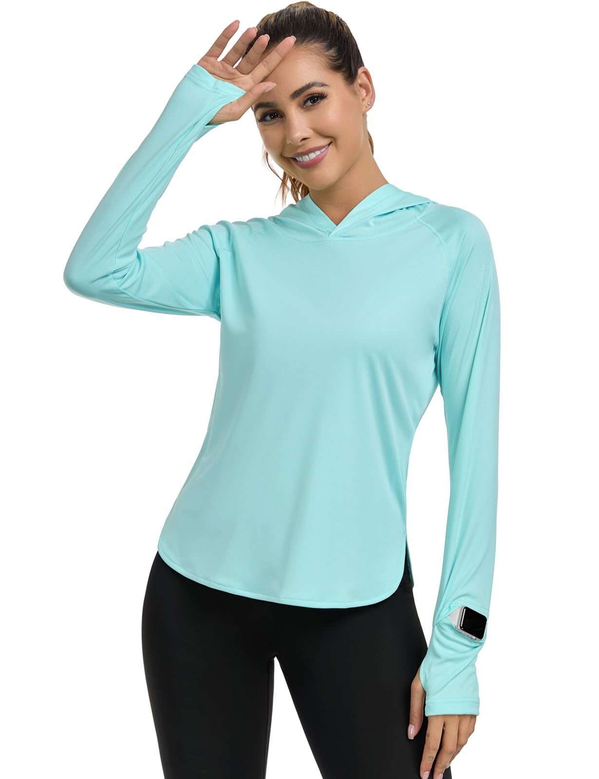 HISKYWIN Womens Long Sleeve Hoodie Shirts UPF 50+ Sun Protection Lightweight Running Pullover Athletic Tops with Thumb Hole